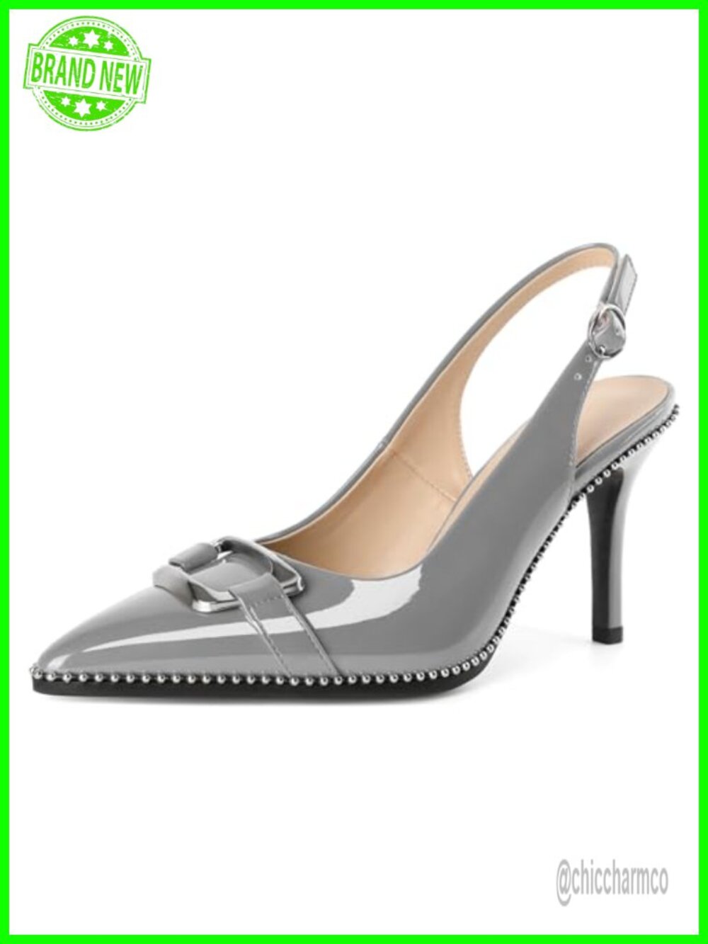 Slingback Heels Pointed Toe Stiletto Pumps Metallic Buckle Beaded Dress Shoes